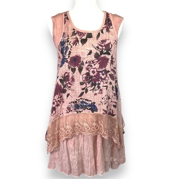 VASNA Lace Shift Dress Sm Boho Lagenlook Layered Flowy Mesh Pink Blue Floral - Picture 1 of 17